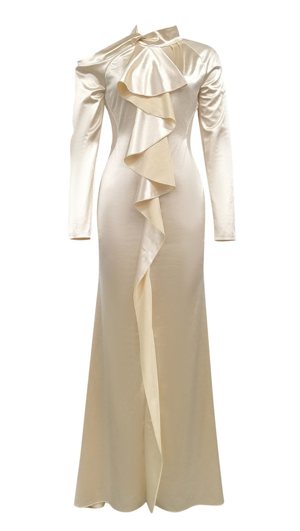 AIIZIE SATIN RUFFLED HIGH - NECK MAXI DRESS IN IVORY - product image