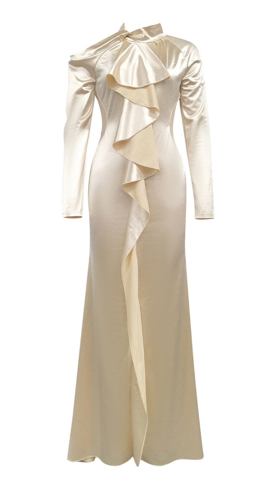 SATIN RUFFLED HIGH - NECK MAXI DRESS IN IVORY