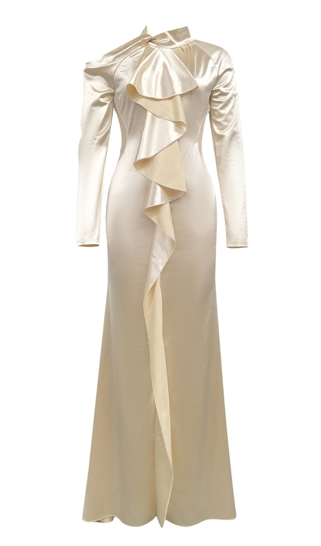 SATIN RUFFLED HIGH - NECK MAXI DRESS IN IVORY