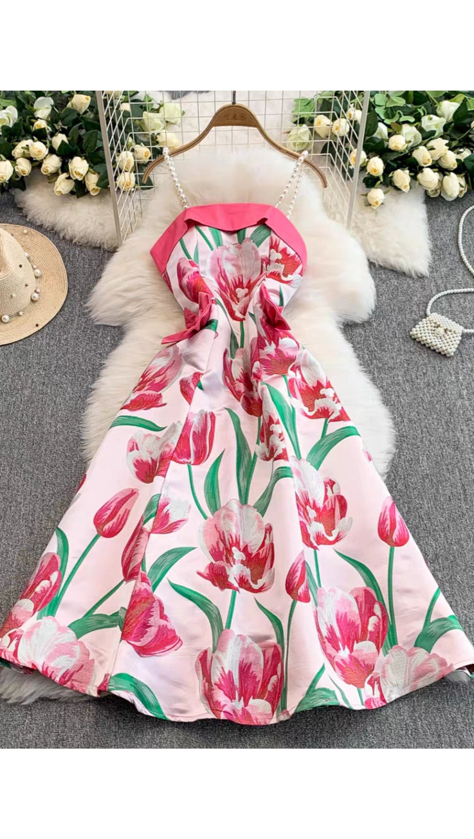 JACQUARD STRAP BOW MIDI DRESS IN PINK