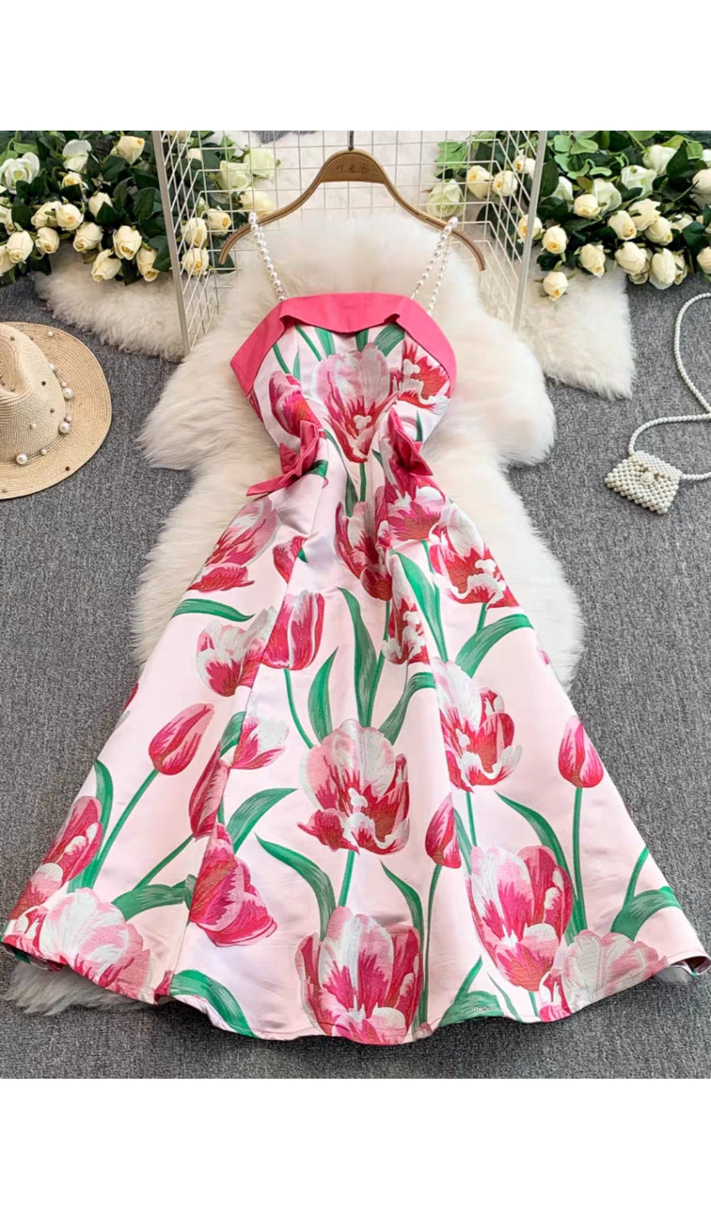 AIIZIE JACQUARD STRAP BOW MIDI DRESS IN PINK - product image