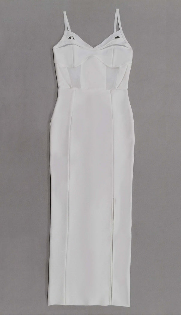 AIIZIE MESH - PANELED SPAGHETTI - STRAP SIDE - SLIT MIDI DRESS IN WHITE - product image