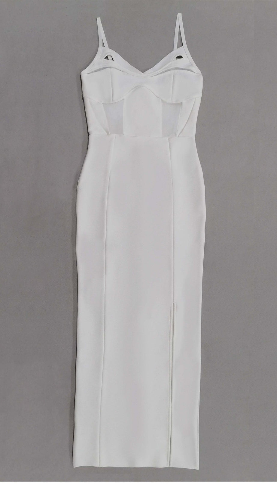 MESH - PANELED SPAGHETTI - STRAP SIDE - SLIT MIDI DRESS IN WHITE