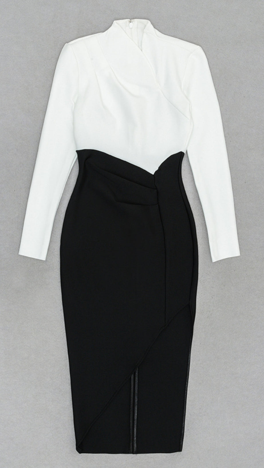 ASYMMETRIC WRAP MIDI DRESS IN BLACK AND WHITE
