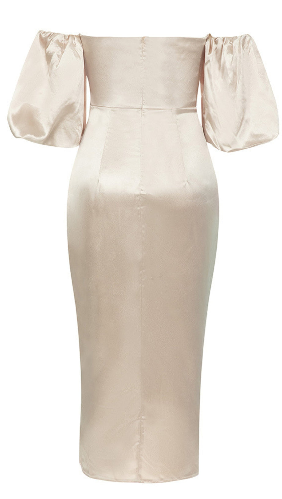 SATIN OFF - SHOULDER PUFF - SLEEVE MIDI DRESS IN CHAMPAGNE