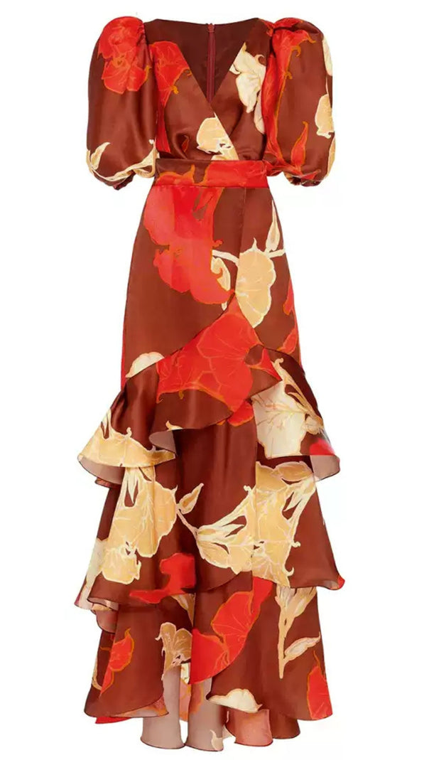 AIIZIE BROWN FLORAL PRINT TIERED MAXI DRESS WITH PUFF SLEEVES - product image