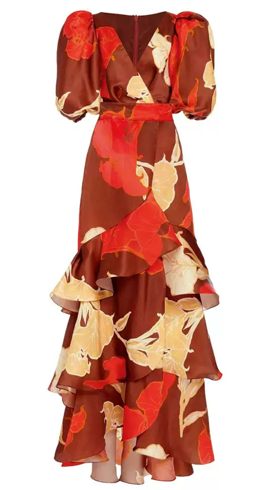 BROWN FLORAL PRINT TIERED MAXI DRESS WITH PUFF SLEEVES