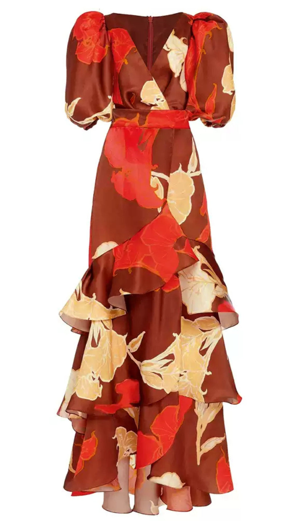 BROWN FLORAL PRINT TIERED MAXI DRESS WITH PUFF SLEEVES