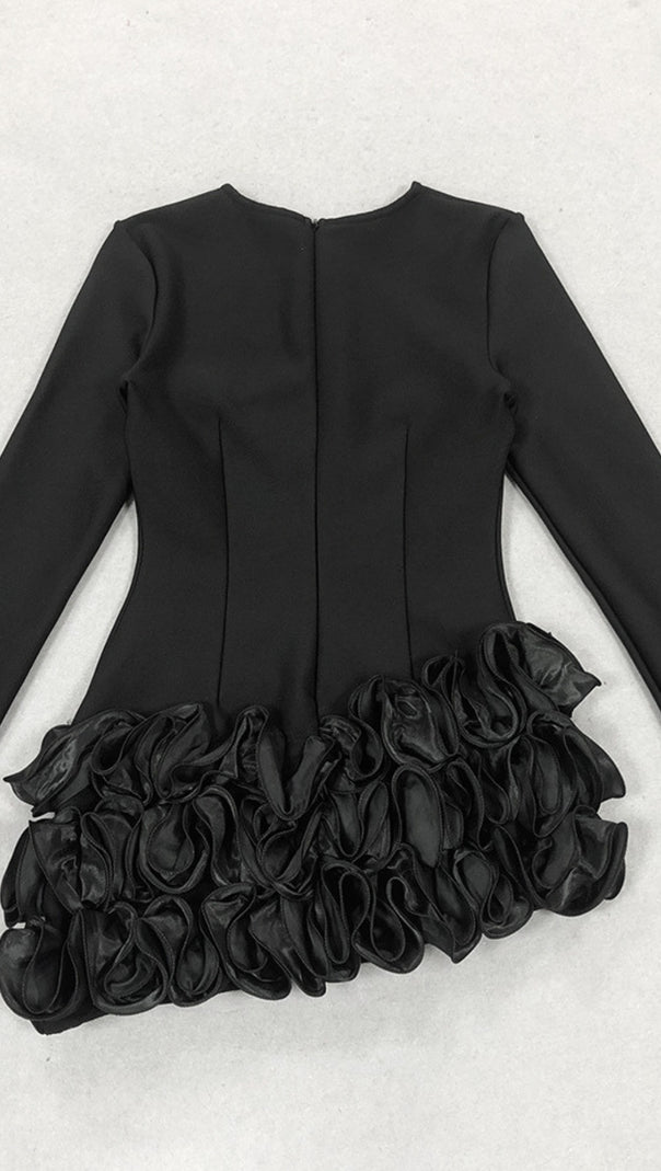 AIIZIE RHINESTONE - FEATHER RUFFLE - HEM LONG - SLEEVE MINI DRESS IN BLACK - product image