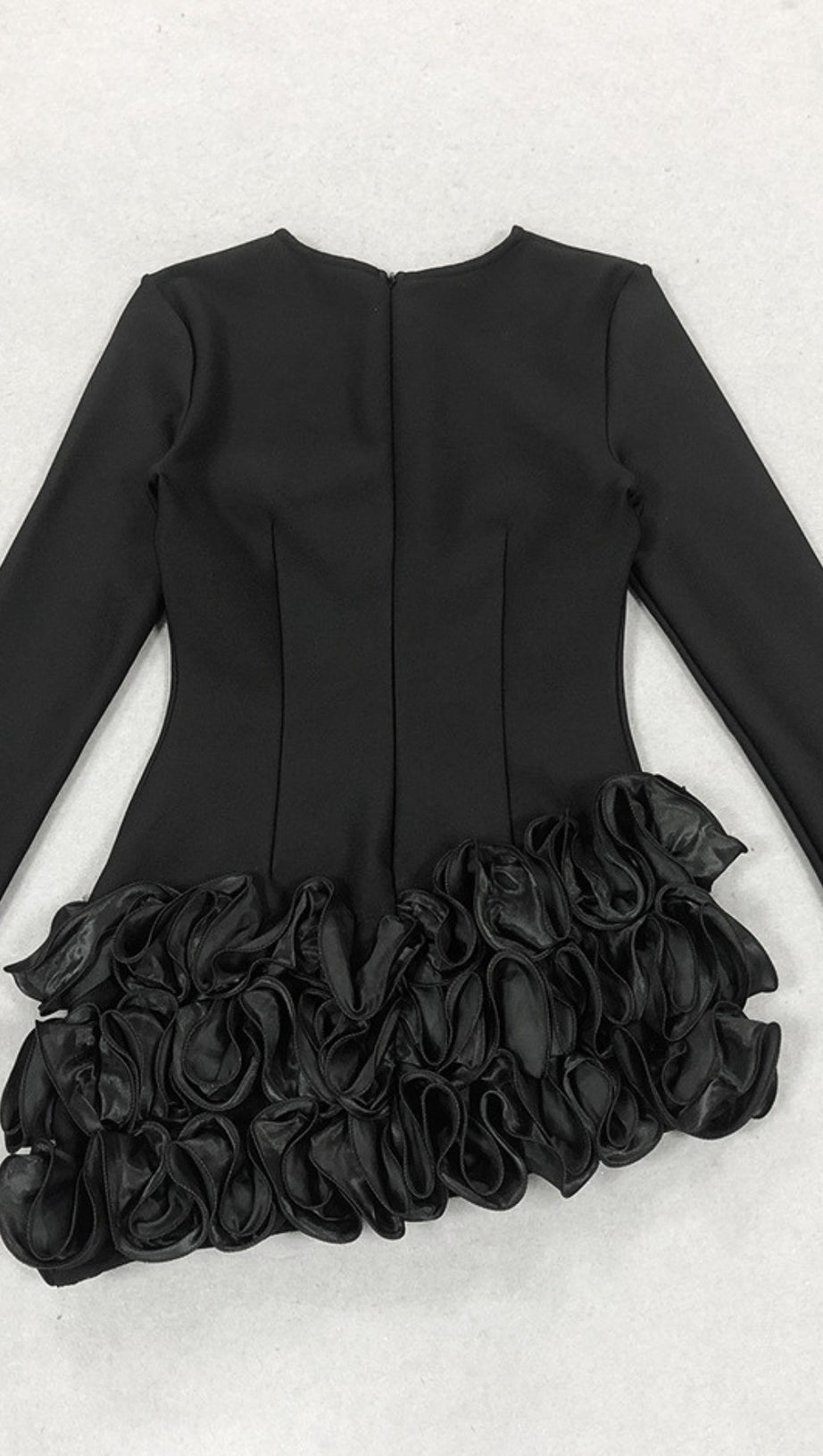 RHINESTONE - FEATHER RUFFLE - HEM LONG - SLEEVE MINI DRESS IN  BLACK