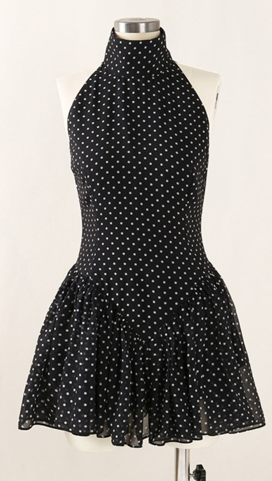 POLKA SILK CHIFFON SLEEVELESS HALTER MINI DRESS IN BLACK