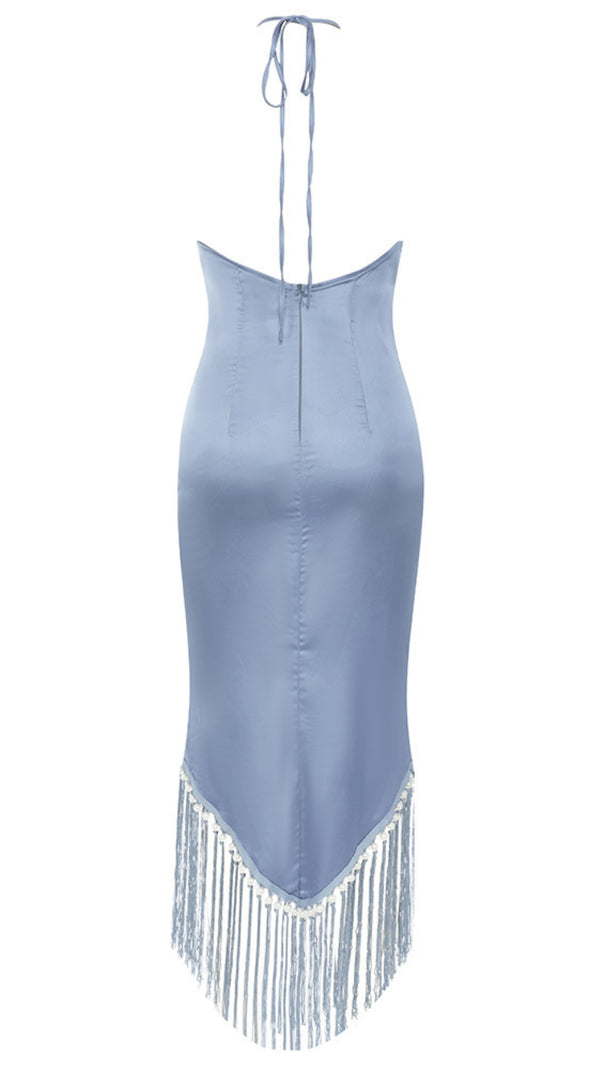 AIIZIE HALTER NECK FRINGE - HEM MIDI DRESS IN LIGHT BLUE - product image