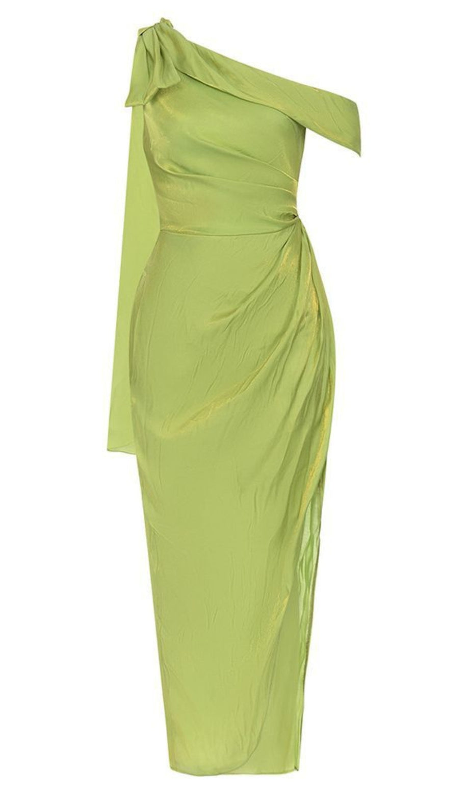 Gerafftes Midikleid mit One-Shoulder-Träger und Schleifendetail in Grün