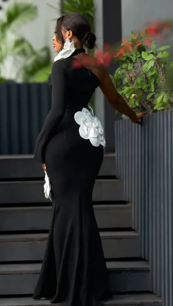 AIIZIE GEMMA ONE SHOULDER 3D FLOWER BANDAGE MAXI DRESS IN BLACK - product image