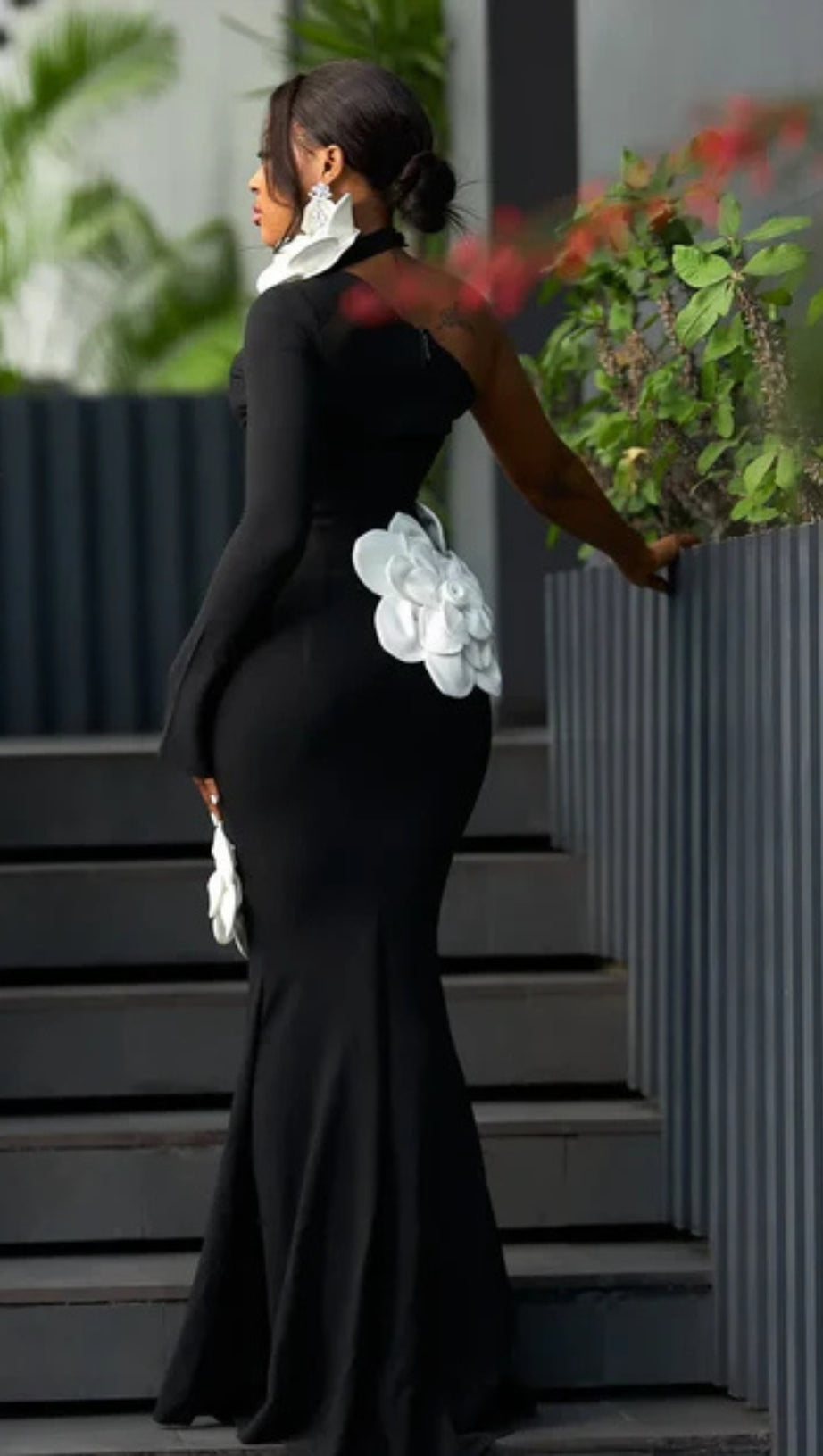 GEMMA ONE SHOULDER 3D FLOWER BANDAGE MAXI DRESS IN BLACK