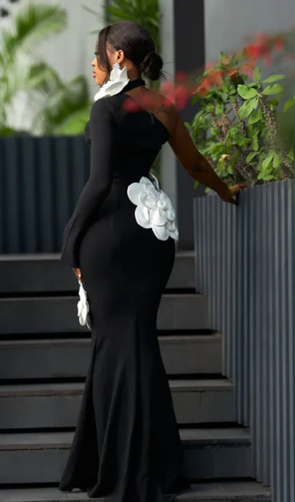 AIIZIE GEMMA ONE SHOULDER 3D FLOWER BANDAGE MAXI DRESS IN BLACK - product image