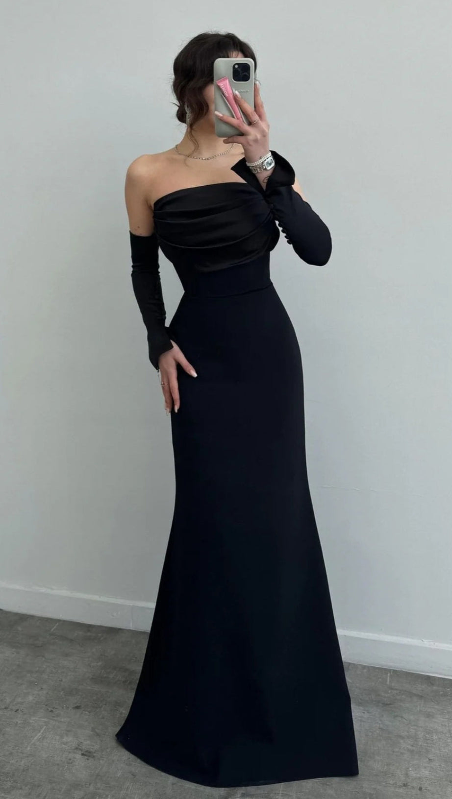 LONG SLEEVE STRAPLESS DRAPED MAXI DRESS BLACK