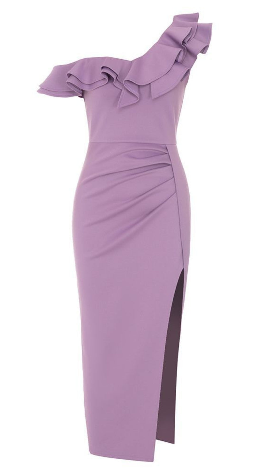 ONE - SHOULDER RUFFLED SLIT MIDI DRESS IN LILAC