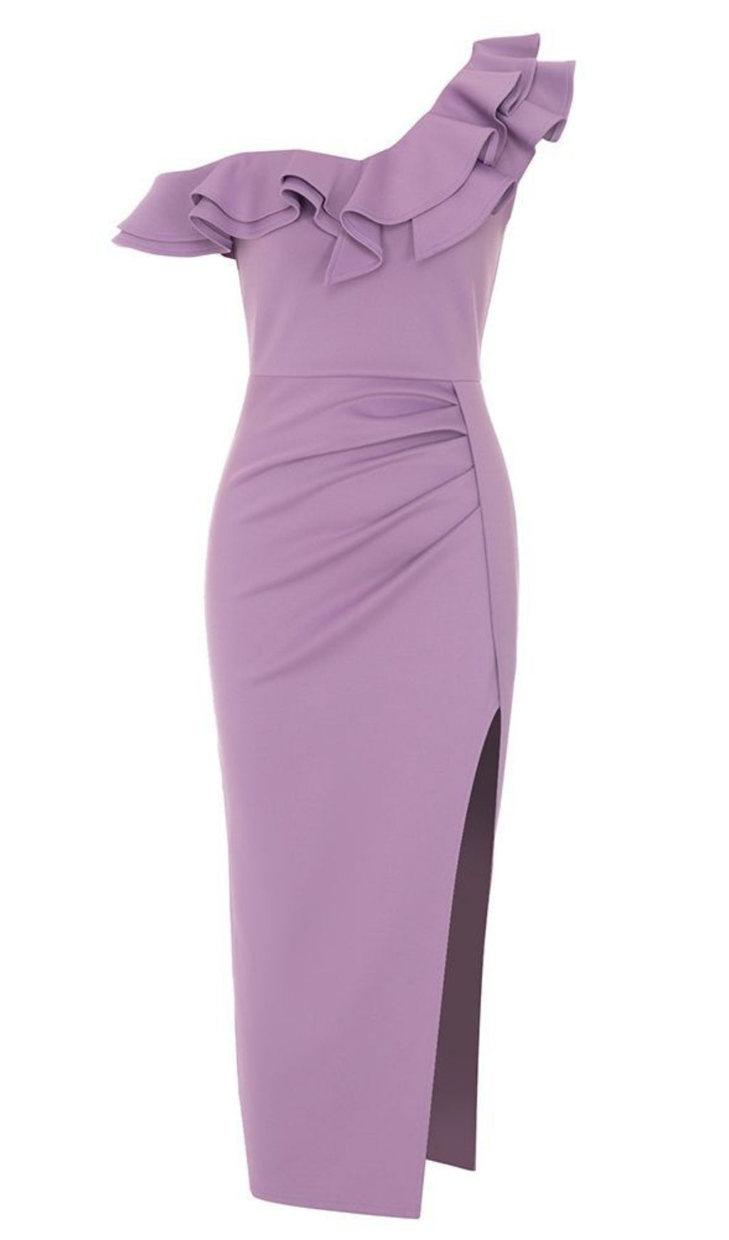 ONE - SHOULDER RUFFLED SLIT MIDI DRESS IN LILAC