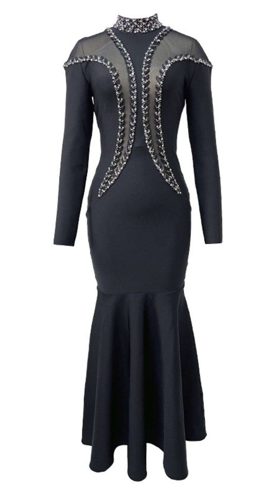 MOCK NECK BEADED MERMAID MAXI DRESS IN BLACK