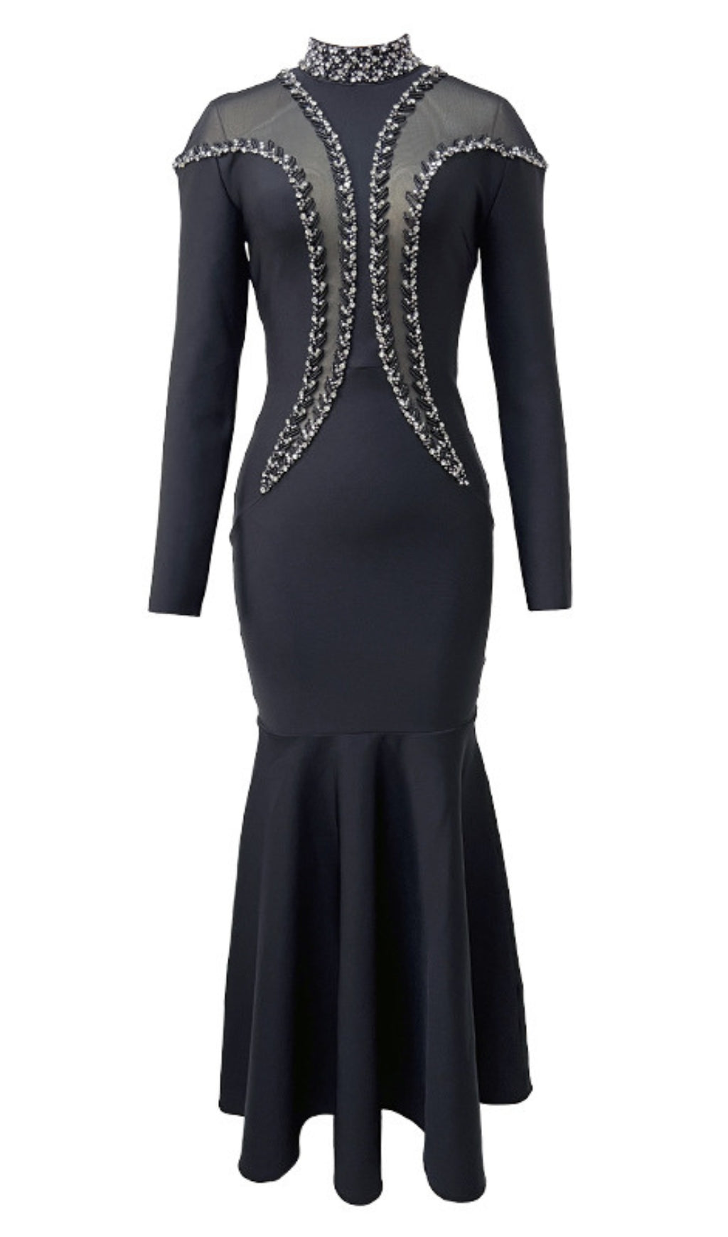MOCK NECK BEADED MERMAID MAXI DRESS IN BLACK