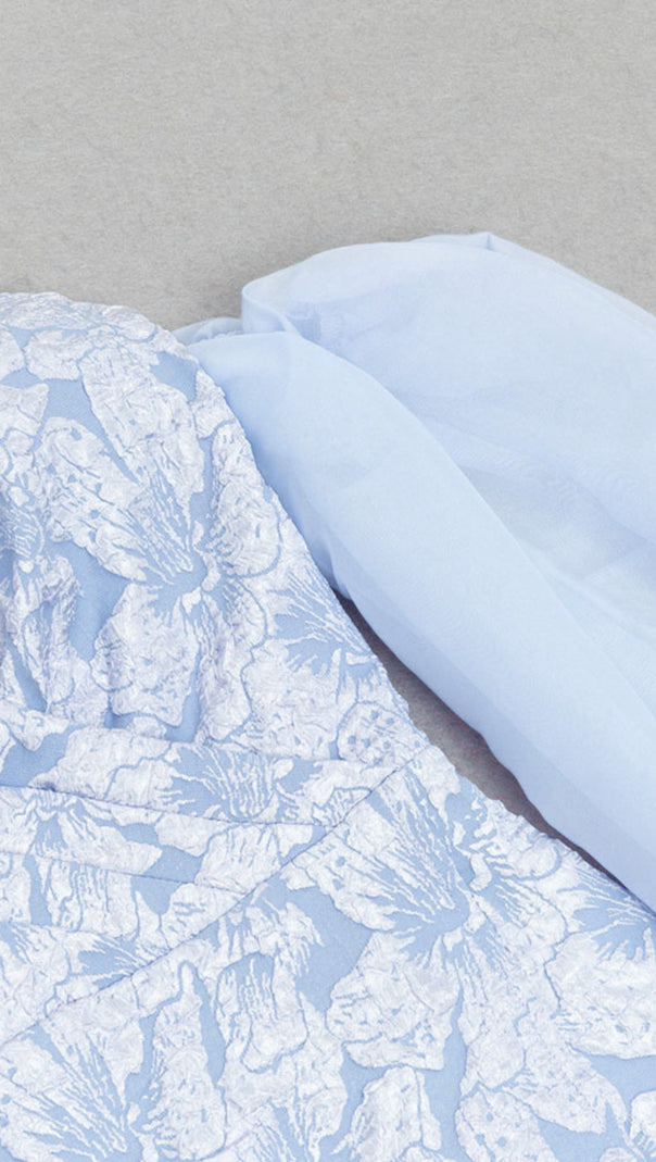 AIIZIE FLORAL BROCADE OFF - SHOULDER BELTED MIDI DRESS IN LIGHT BLUE - product image