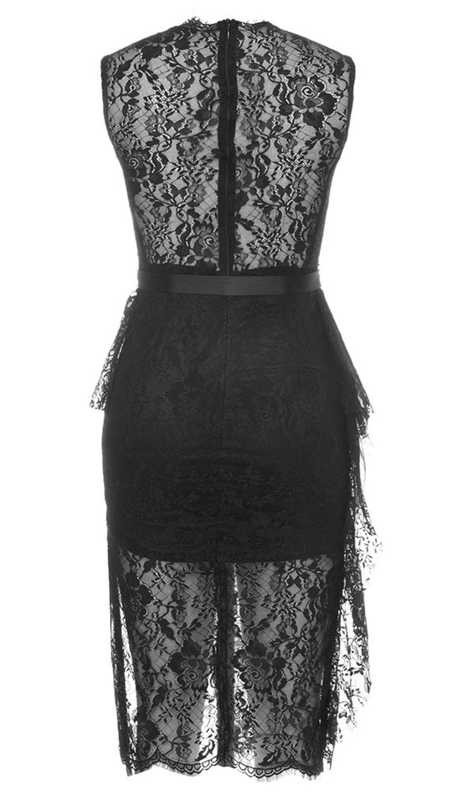 Asymmetrisches Midikleid mit Spitzengürtel in Schwarz