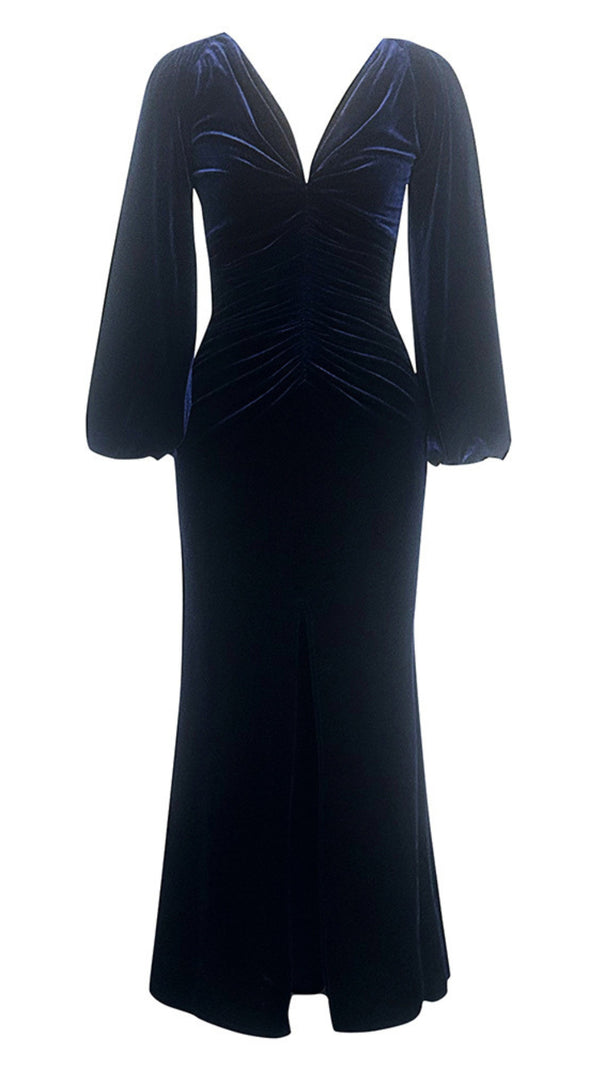 AIIZIE VELVET PUFF - SLEEVE RUCHED MERMAID MIDI DRESS IN NAVY BLUE - product image