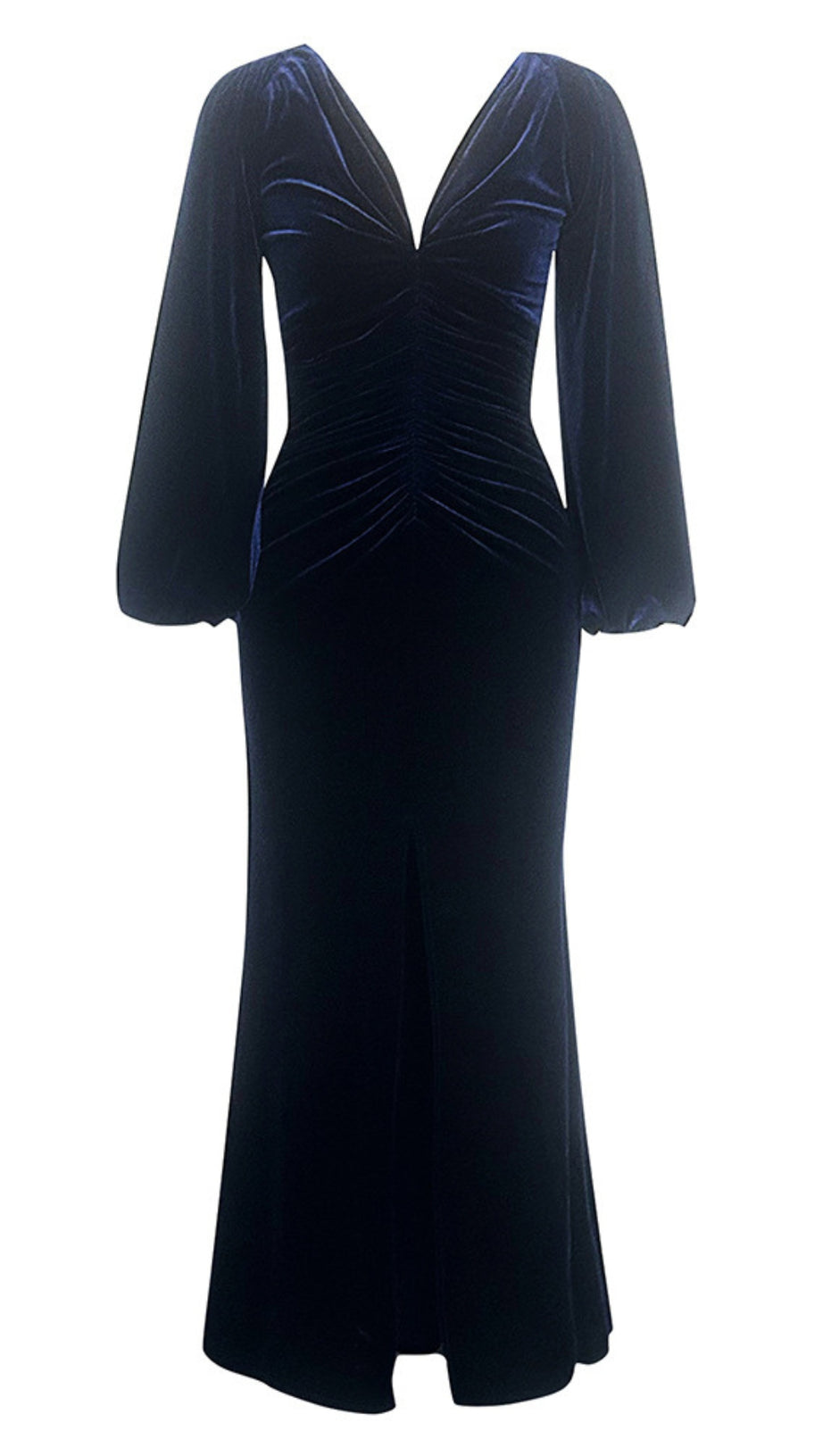 Samt-Midikleid im Meerjungfrauenstil mit Puffärmeln und Rüschen in Marineblau 