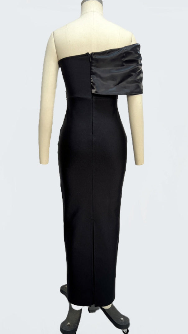 AIIZIE ONE SHOULDER RHINESTONE EMBELLISHED DRAPE GOWN IN BLACK - product image