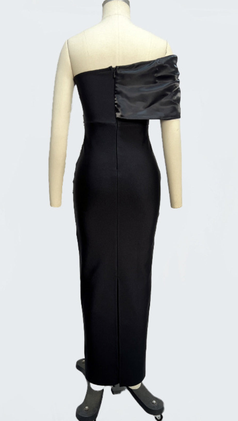 ONE SHOULDER RHINESTONE EMBELLISHED DRAPE GOWN IN BLACK