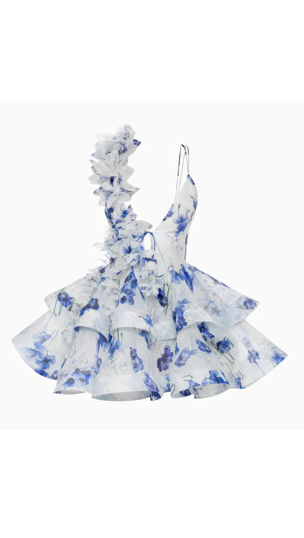 AIIZIE HELEN 3D FLOWER CHIFFON RUFFLE MINI DRESS IN BLUE - product image