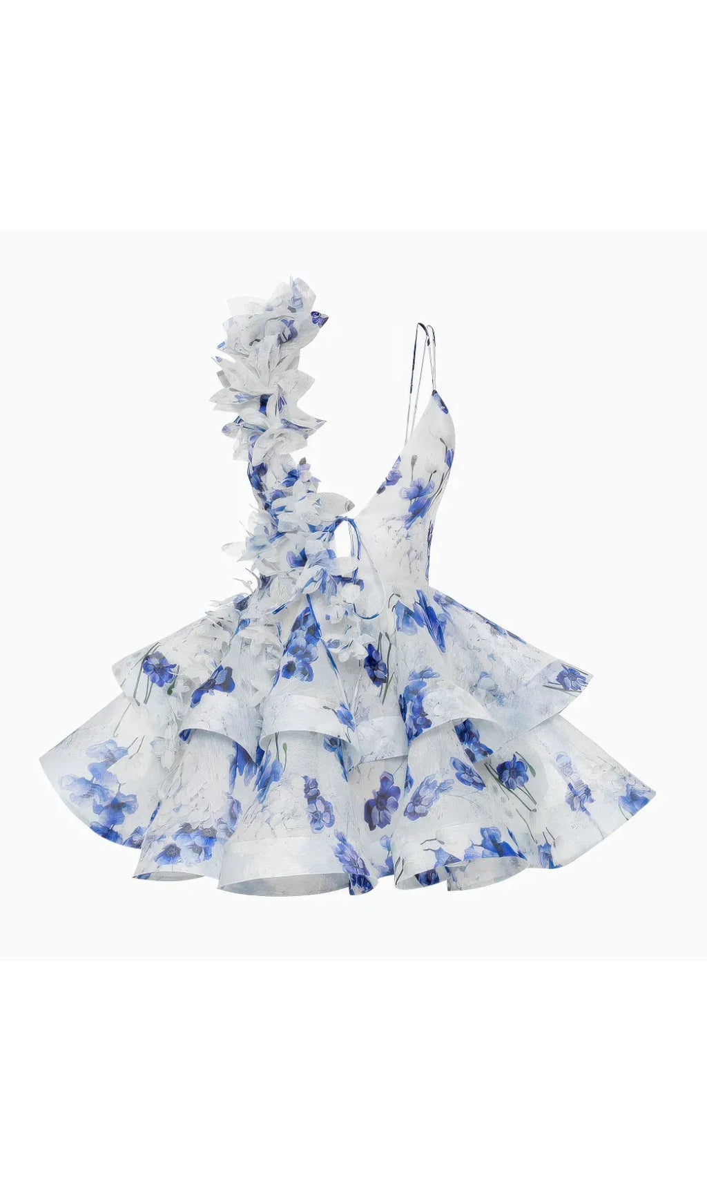 HELEN 3D FLOWER CHIFFON RUFFLE MINI DRESS IN BLUE