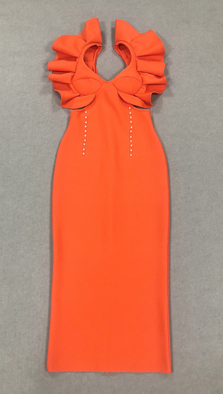 RUFFLED - SLEEVE PEARL - ACCENT BODYCON MIDI DRESS IN ORANGE