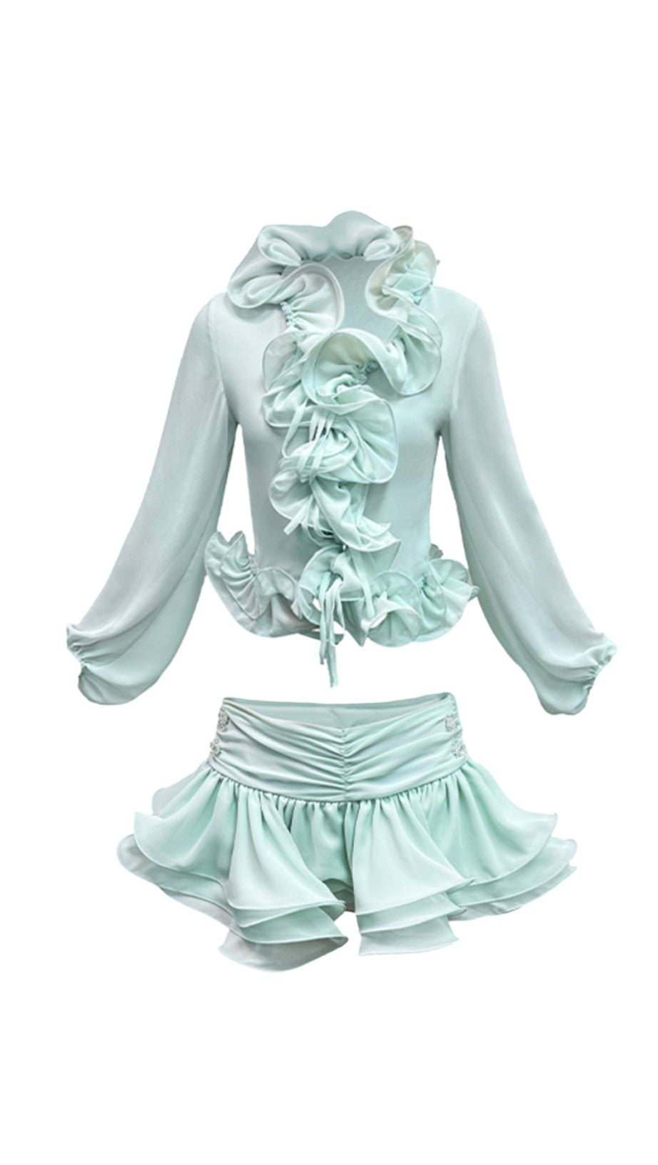 FLOUNCED CHIFFON BLOUSE & SKIRT MATCHING SET IN MINT