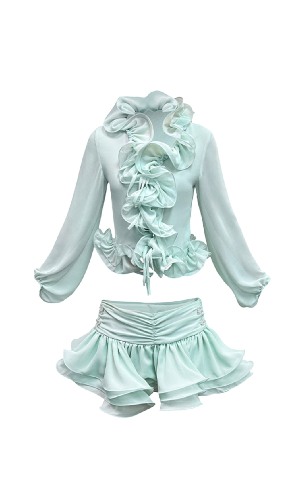 flounced chiffon blouse & skirt matching set in mint