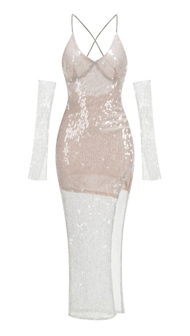 AIIZIE SEQUIN MESH CROSS - STRAP MIDI DRESS WITH GLOVES - product image
