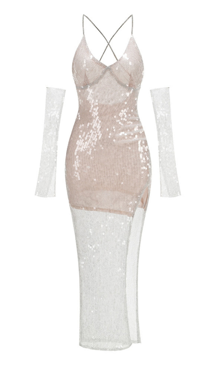 Sequin Mesh Cross - Strap Midi Dress with Gloves