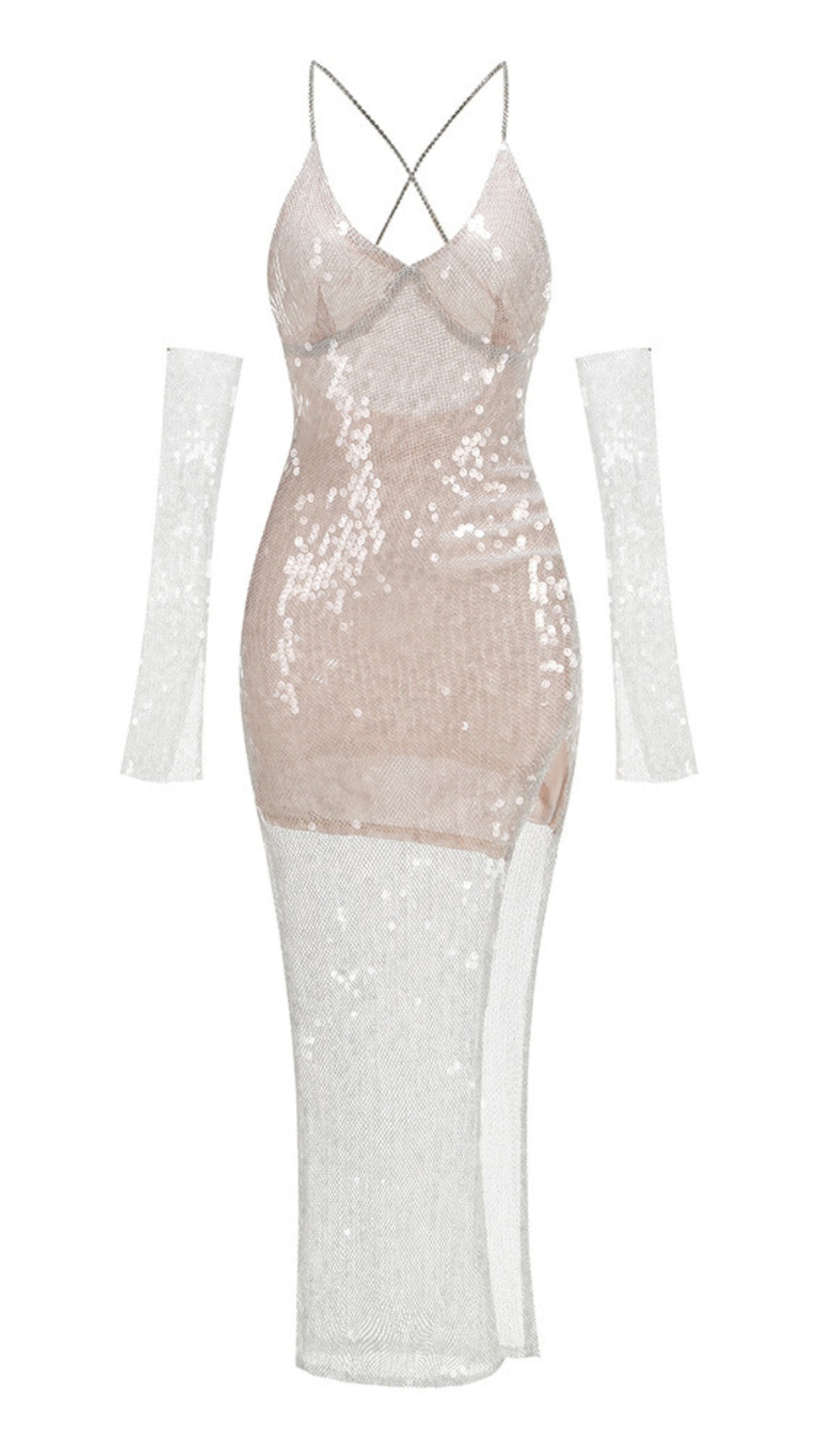 ABITO MIDI CON SPALLINE INCROCIATE IN RETE DI PAILLETTES E GUANTI