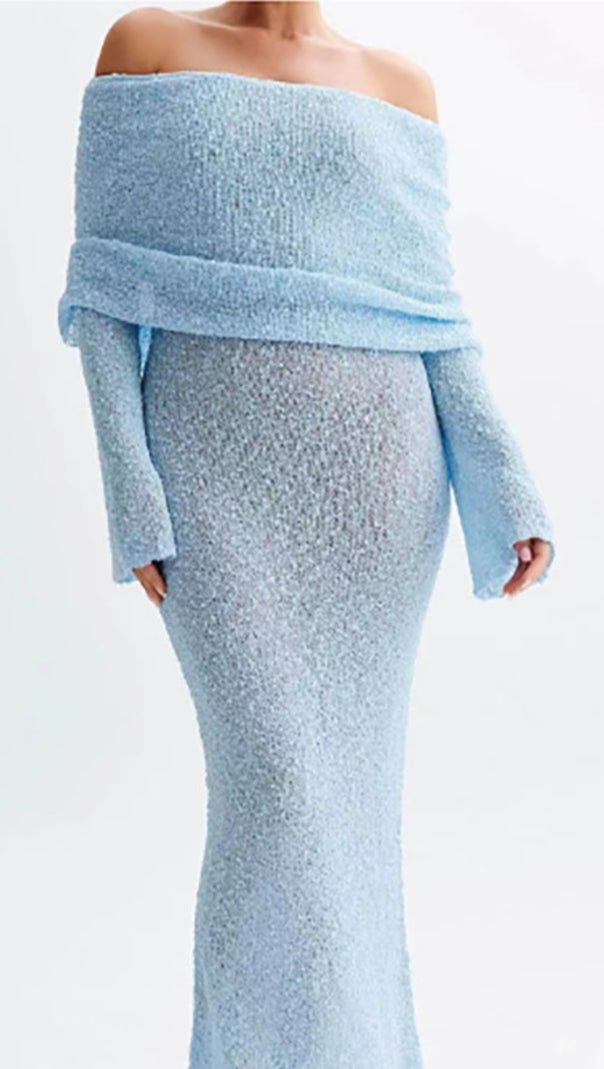AIIZIE BLUE VACATION - STYLE KNITTED BACKLESS BOAT - NECK MAXI DRESS - product image