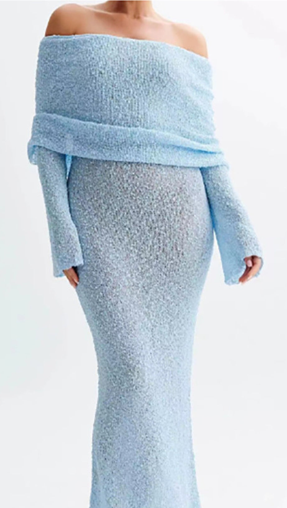 BLUE VACATION - STYLE KNITTED BACKLESS BOAT - NECK MAXI DRESS