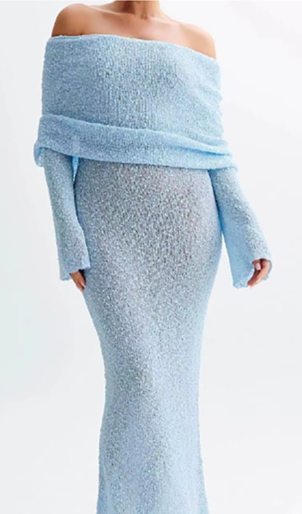 BLUE VACATION - STYLE KNITTED BACKLESS BOAT - NECK MAXI DRESS