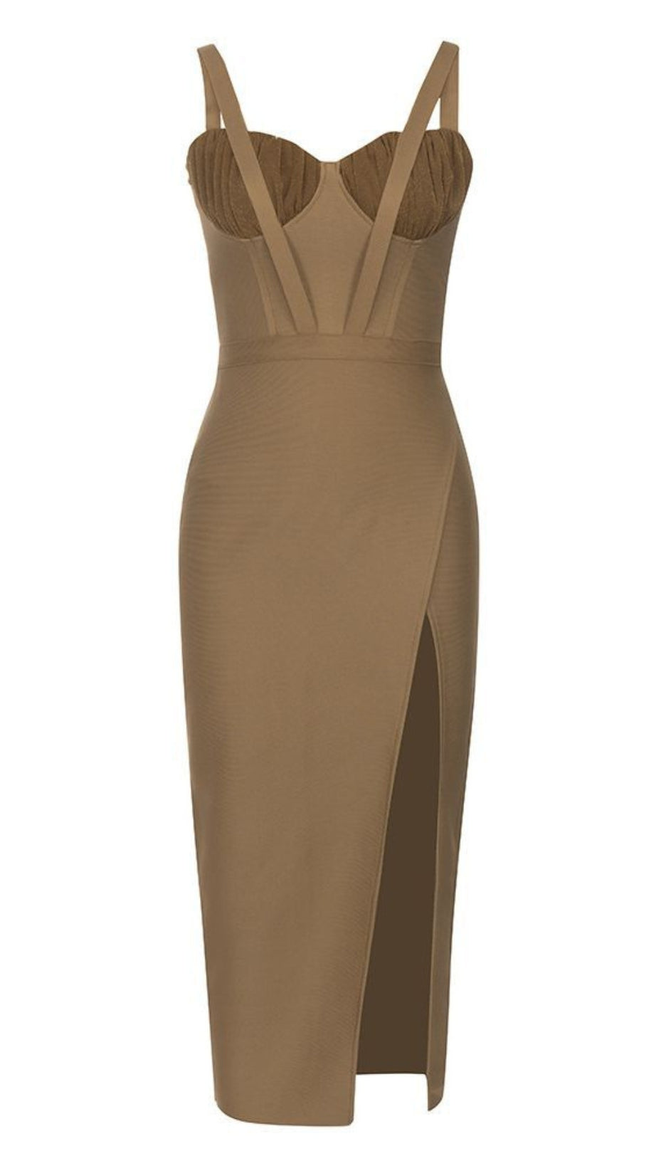TAN BANDAGE DRESS WITH SHEER BUSTIER AND SIDE SLIT
