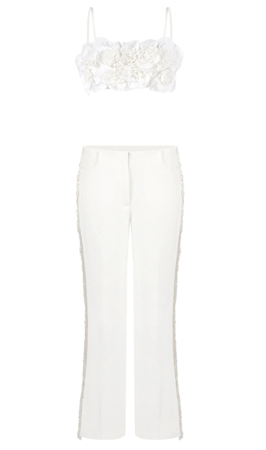 Floral Crop Top Fringe Trimmed Pants Set in White