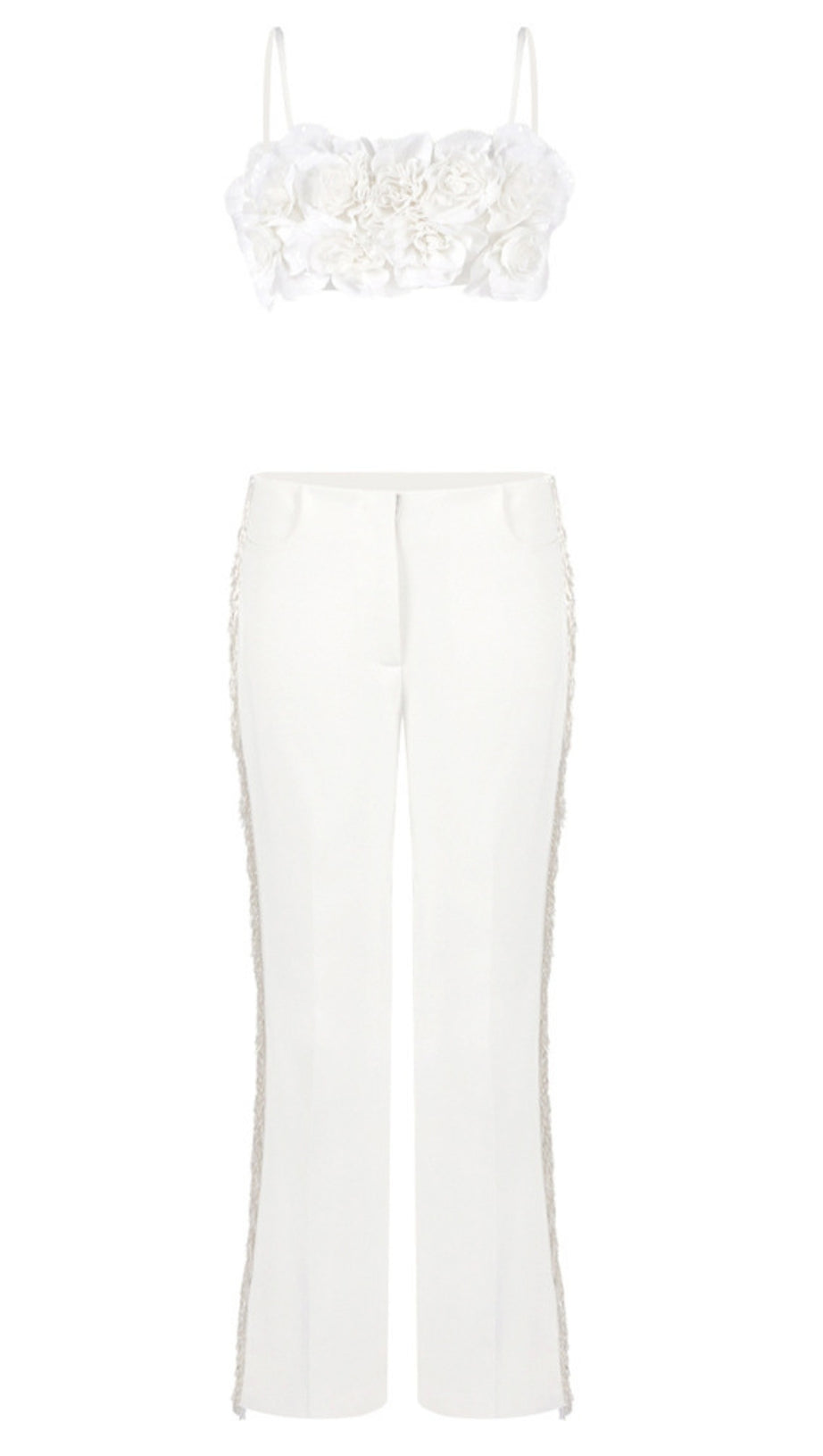 Weißes Crop-Top-Set mit Blumenmuster und Fransenbesatz