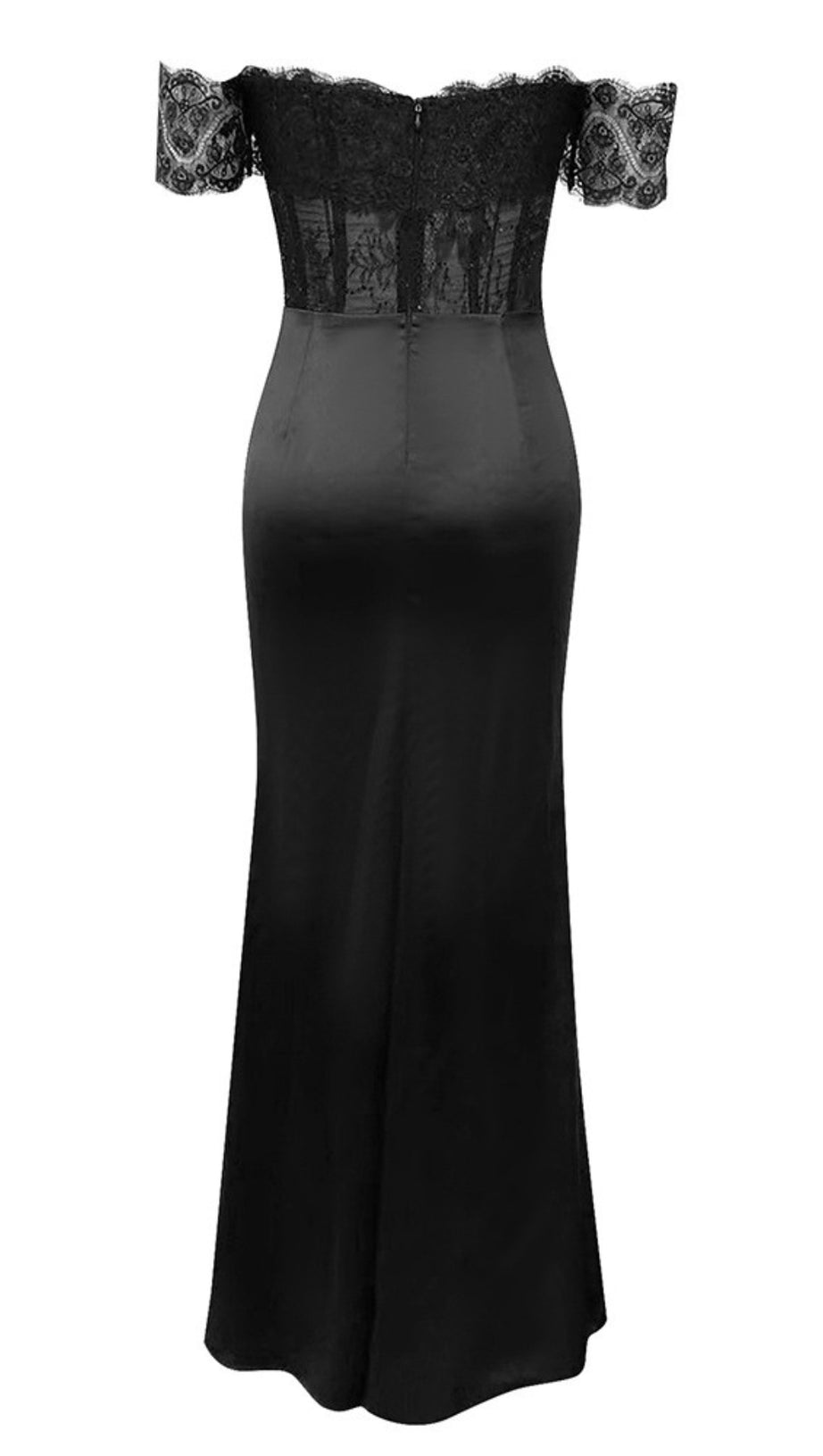 LACE OFF - SHOULDER RUCHED SATIN MAXI DRESS IN BLACK