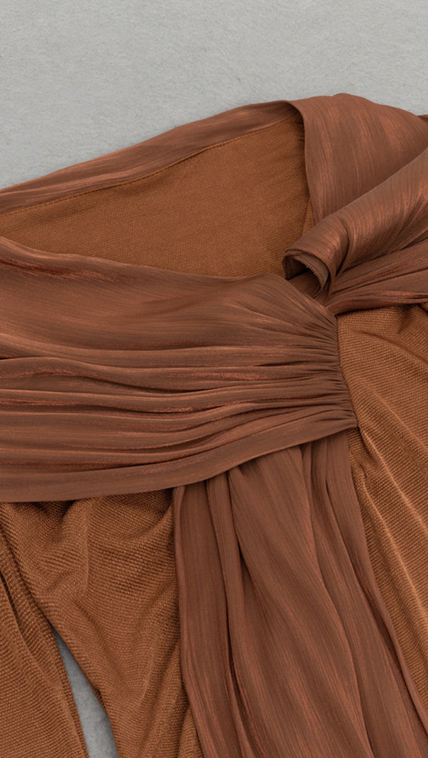 AIIZIE ONE - SHOULDER RUFFLED WRAP MIDI DRESS IN BROWN - product image