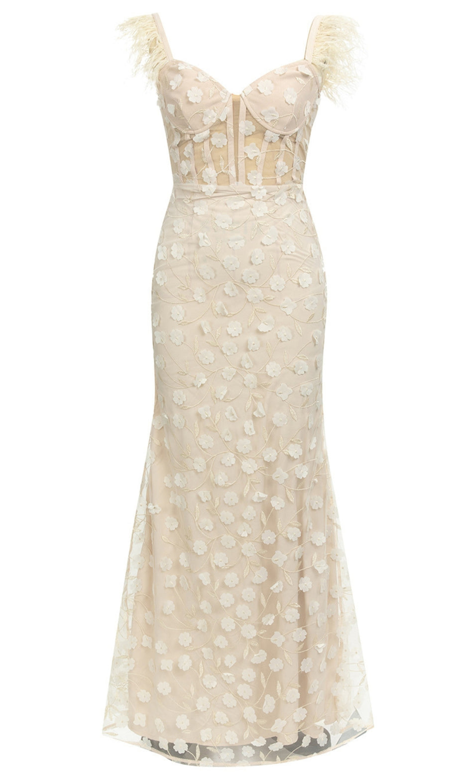 Feather - Strap Floral - Embroidered Mermaid Gown in Ivory