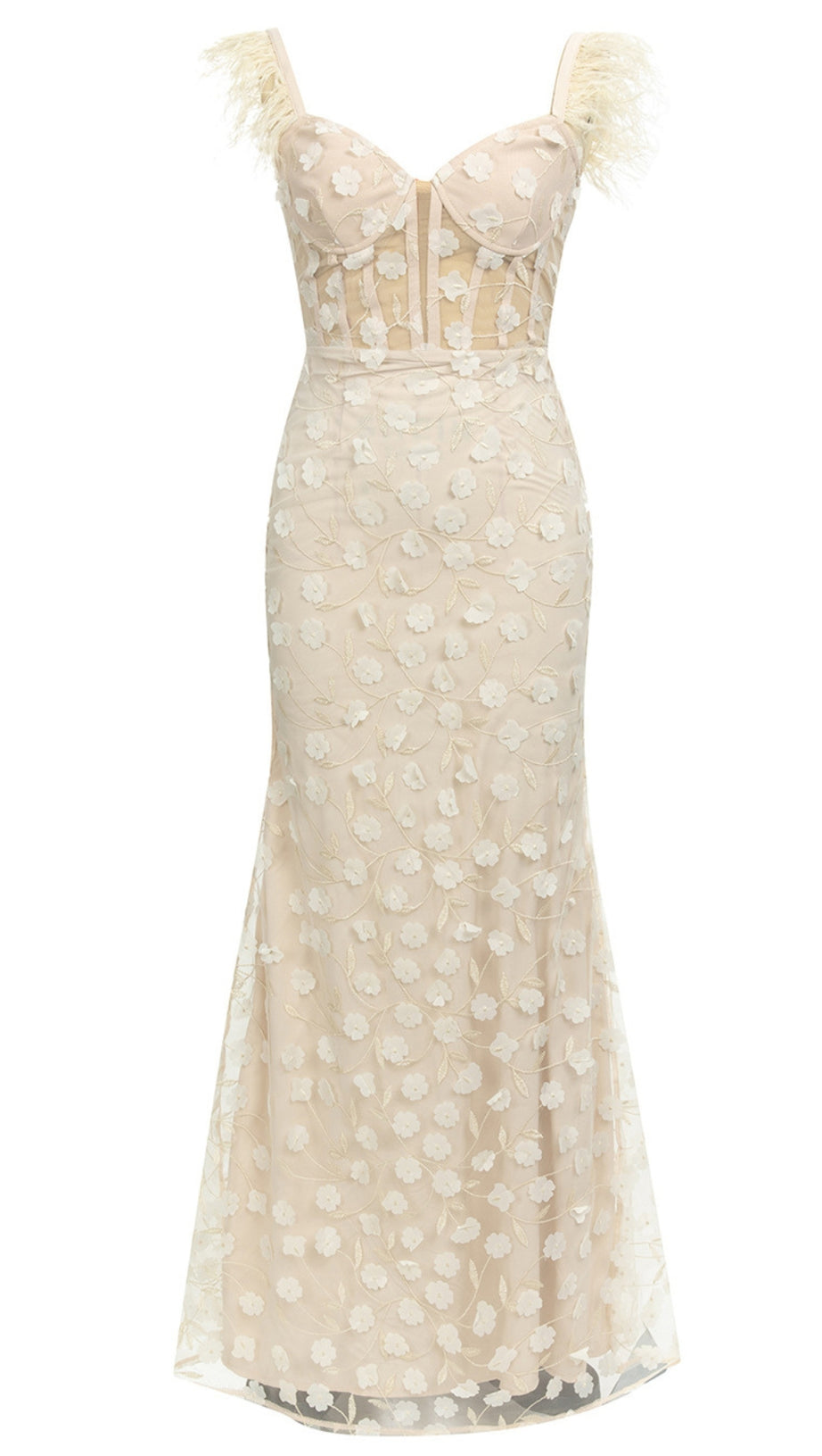 FEATHER - STRAP FLORAL - EMBROIDERED MERMAID GOWN IN IVORY