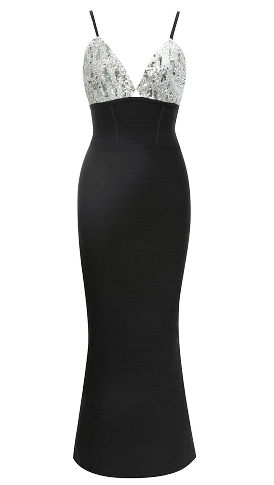 STRAPPY SEQUIN - EMBELLISHED BANDAGE MIDI DRESS IN BLACK
